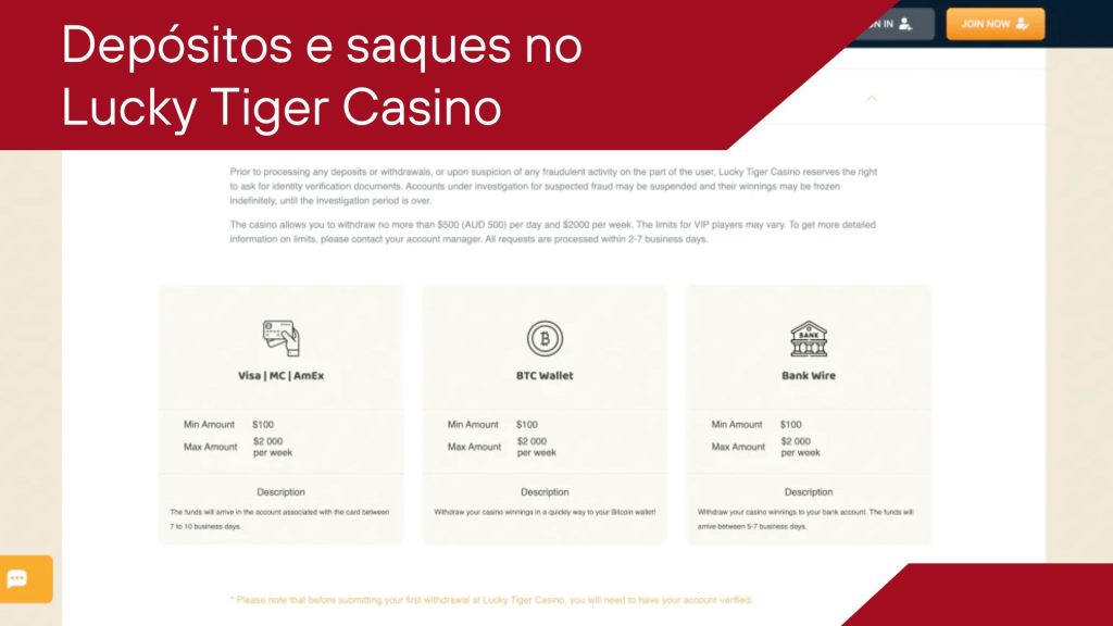 Depósitos e saques no LuckyTigerCasino casino