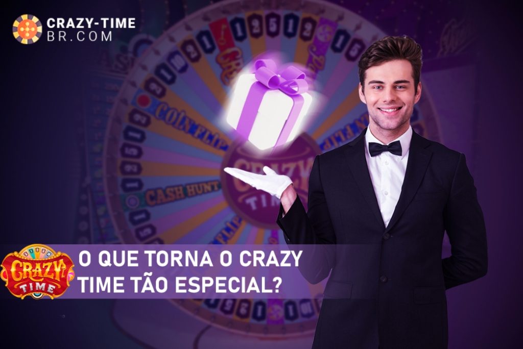 Um homem em traje de gala segurando uma roda com a frase "o torrao a crazy time", transmitindo um clima animado.