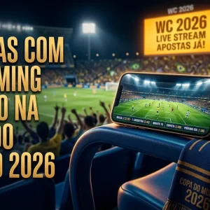 Celular com jogo ao vivo em assento de estádio, celebrando apostas na Copa do Mundo.