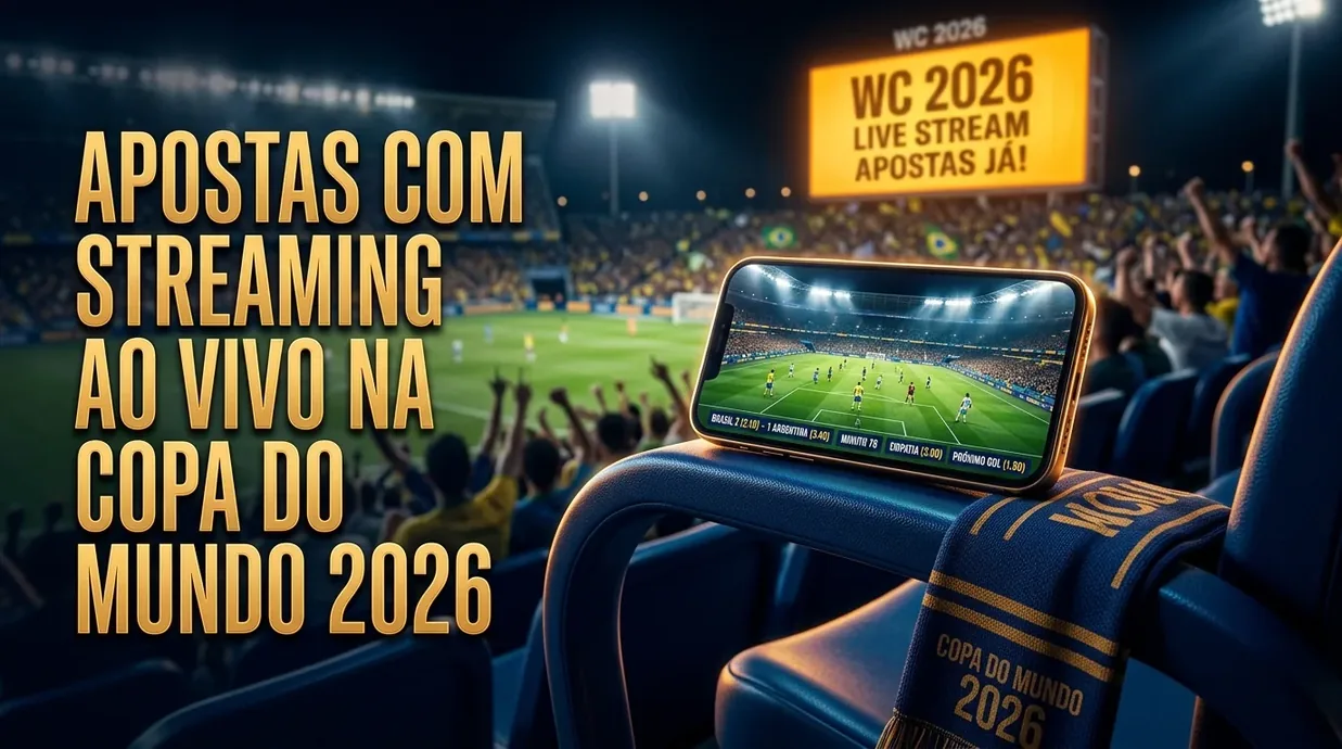 Celular com jogo ao vivo em assento de estádio, celebrando apostas na Copa do Mundo.