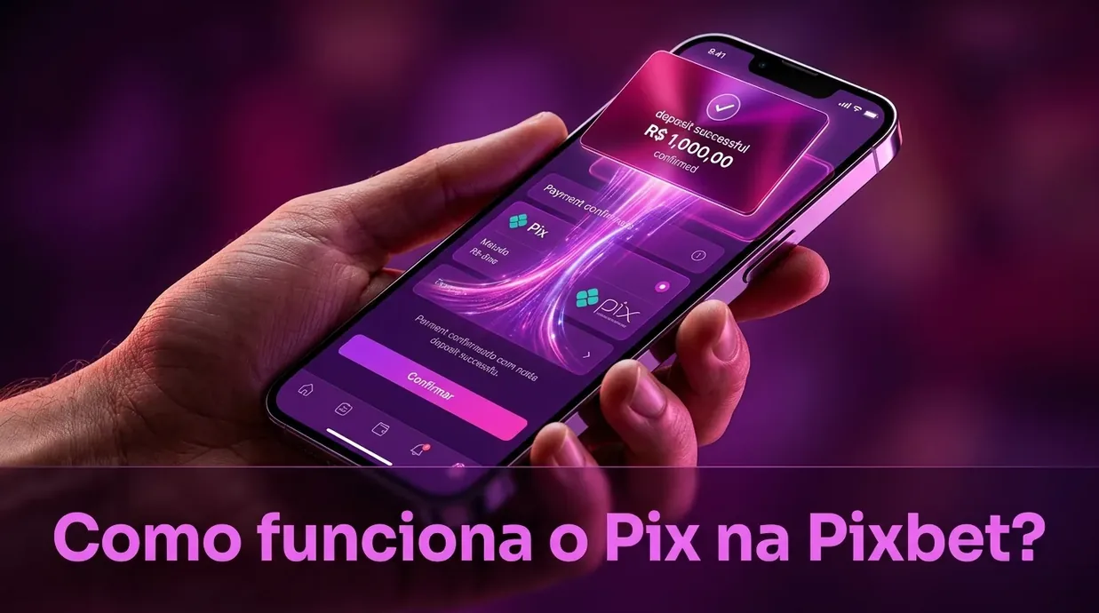 Mão usando app Pixbet para pagamento móvel no cassino.