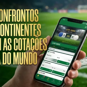 Mão segurando telefone com odds de futebol ao fundo.