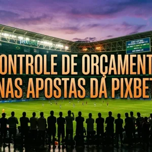 Estádio vibrante sob luzes, com o tema de gestão de banca.