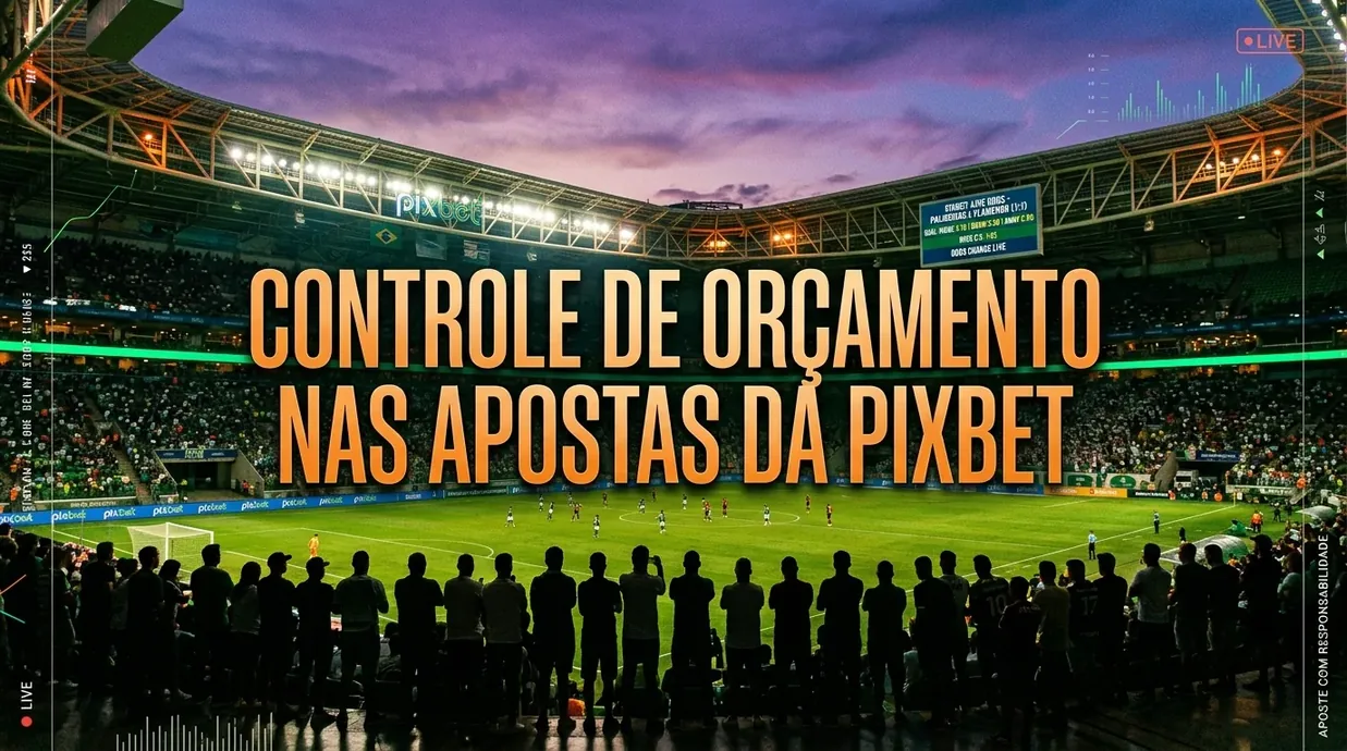 Estádio vibrante sob luzes, com o tema de gestão de banca.