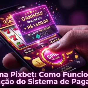 Mão tocando tela de smartphone com notificação de vitória no Pixbet.