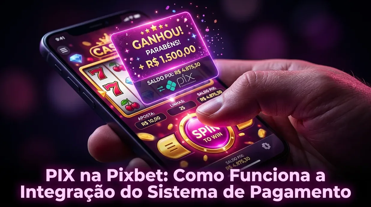 Mão tocando tela de smartphone com notificação de vitória no Pixbet.